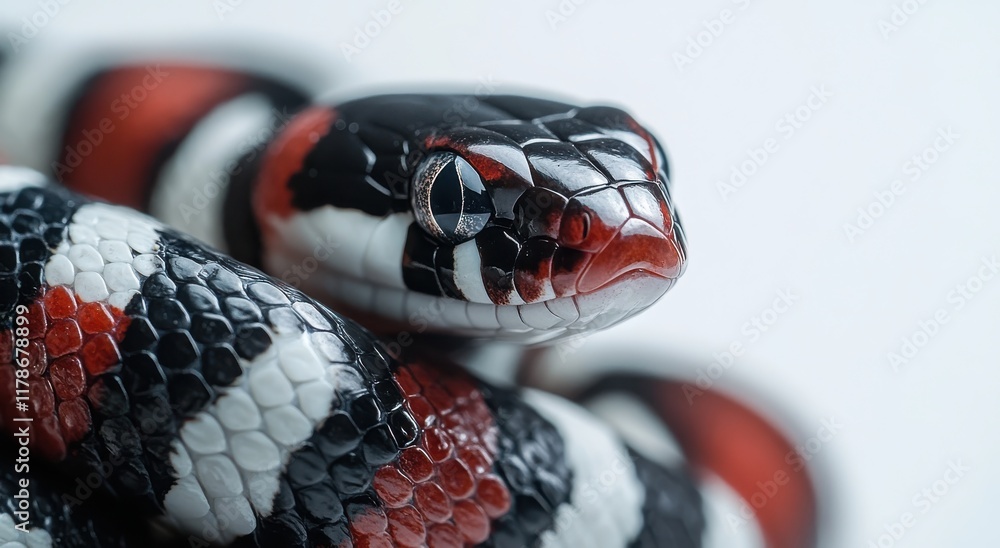 Poster close-up of a black and red striped snake with glossy scales showcasing the intricate patterns and v