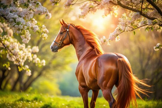 A breathtaking chestnut Budyonny gelding, captured in springtime equestrian photography.