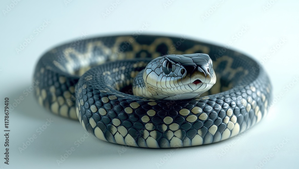 Poster close-up of a coiled snake with intricate patterns, highlighting its glossy scales and unique colora