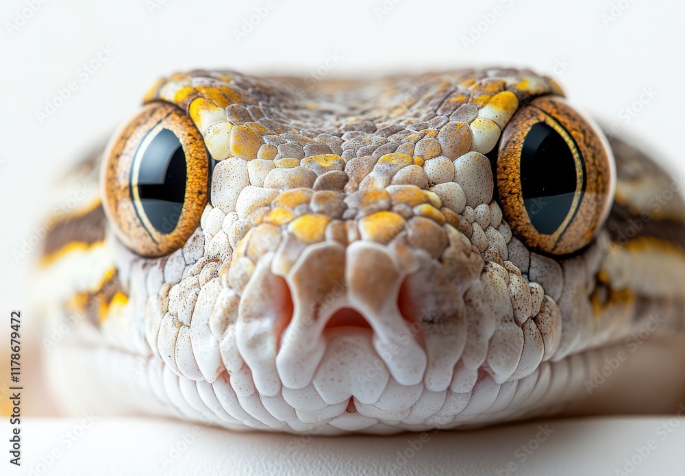 Poster close-up of a colorful geckos face with intricate patterns, showcasing the detail in the skin and la
