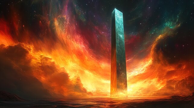 A towering alien monolith surrounded by swirling cosmic energy under a vibrant aurora