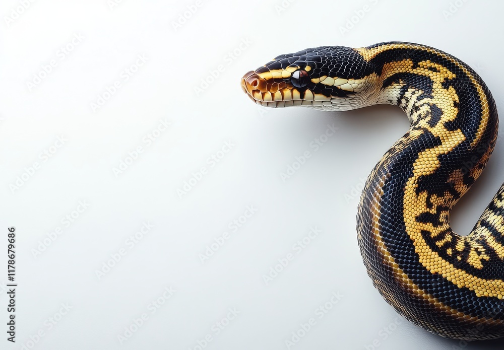 Poster Close-up of a Colorful Python Slithering on a Light Background with Intricate Scale Patterns Highlighting Its Unique Beauty and Texture, Perfect for Nature Lovers and Wildlife Enthusiasts