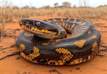 Fototapeta premium Close-Up of a Colorful Python Coiled on Dry Desert Ground, Showcasing Intricate Patterns and Textures, Highlighting Nature's Beautiful Diversity and Unique Wildlife