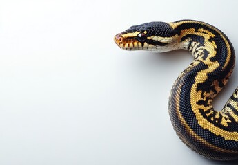 Naklejka premium Close-up of a Colorful Python Slithering on a Light Background with Intricate Scale Patterns Highlighting Its Unique Beauty and Texture, Perfect for Nature Lovers and Wildlife Enthusiasts