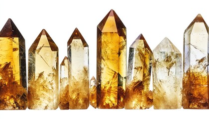 Close-up of citrine crystal points on a white background, honey-colored transparency, natural terminations, mineral specimen