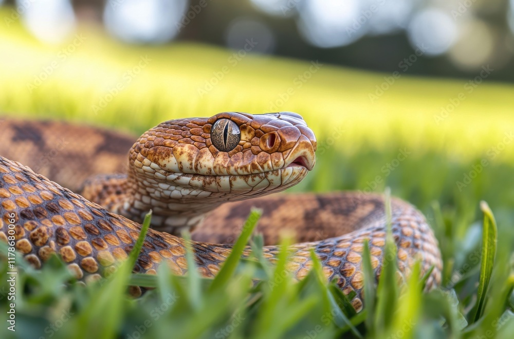 Poster close-up of a colorful snake relaxing on green grass in nature, showcasing intricate scale patterns 