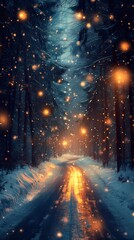 Naklejka premium Blurred glowing bokeh lights softly illuminate a quiet winter forest road surrounded by snow-covered trees creating a serene and magical ambiance