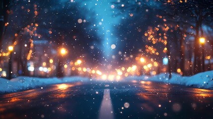 Naklejka premium Blurred glowing bokeh lights softly illuminate a quiet winter forest road surrounded by snow-covered trees creating a serene and magical ambiance