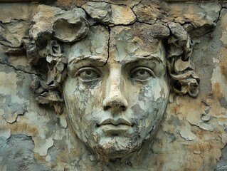 Obraz premium Eroded Stone Carving of Ancient King Timeless Legacy in Crumbling Wall