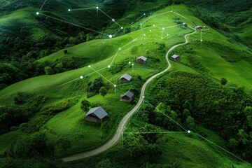 A serene landscape showcasing rolling green hills dotted with rustic homes, highlighting the harmony between nature and digital connectivity through a network of glowing lines and nodes.