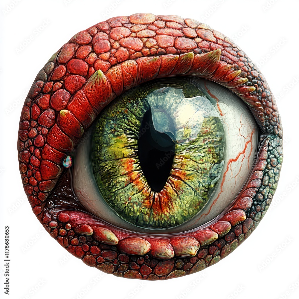 Poster close-up of a detailed reptilian eye with textured scales and intricate patterns, featuring vibrant 