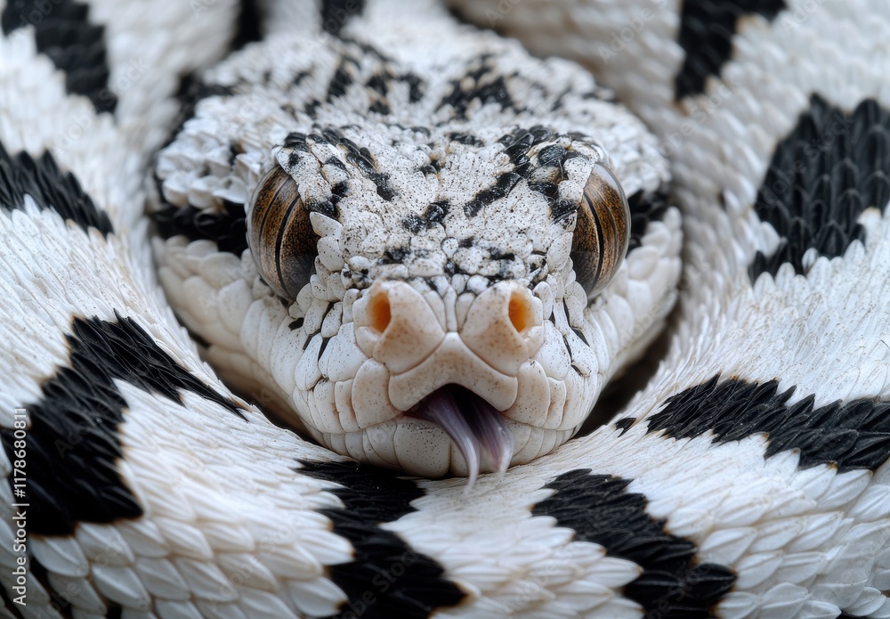 Poster close-up of a fascinating black and white patterned snake with intricate scales and a flicking tongu