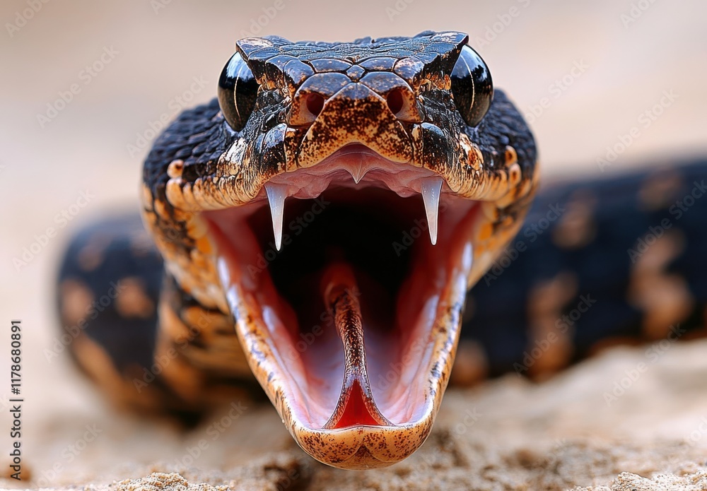 Aufkleber close-up of a fierce snake with mouth open displaying sharp fangs in desert environment, capturing n