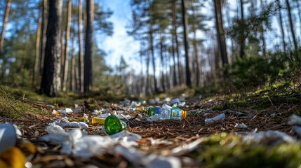 Litter scattered on a forest floor, highlighting environmental pollution issues.