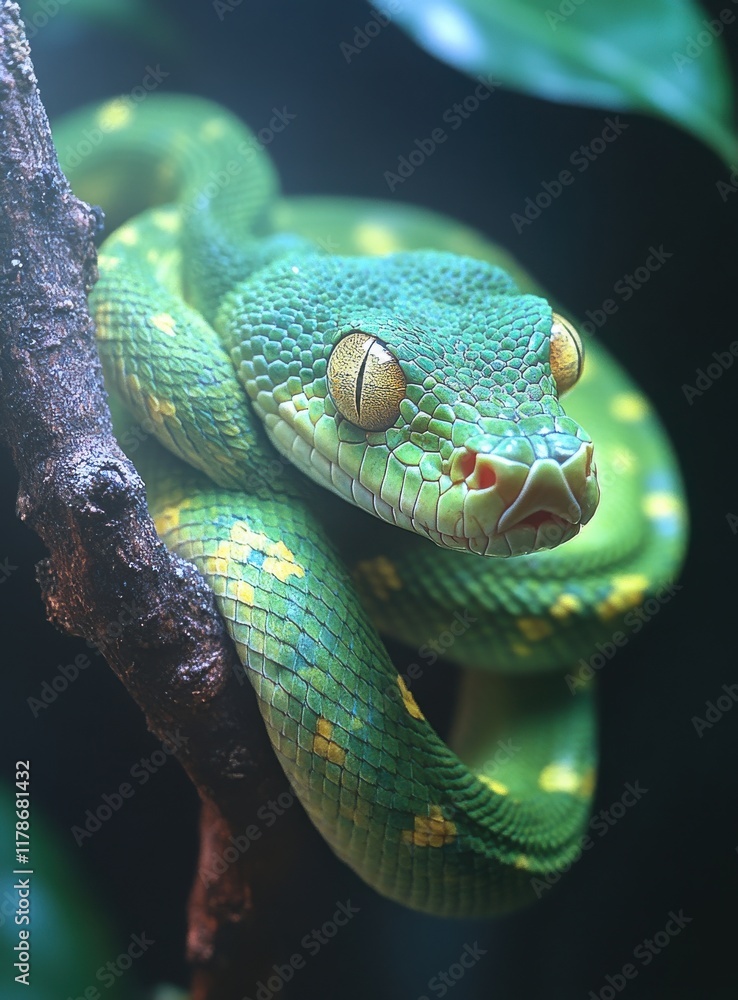 Aufkleber close-up of a green tree python coiled on a branch with vibrant scales and intense yellow eyes in a 