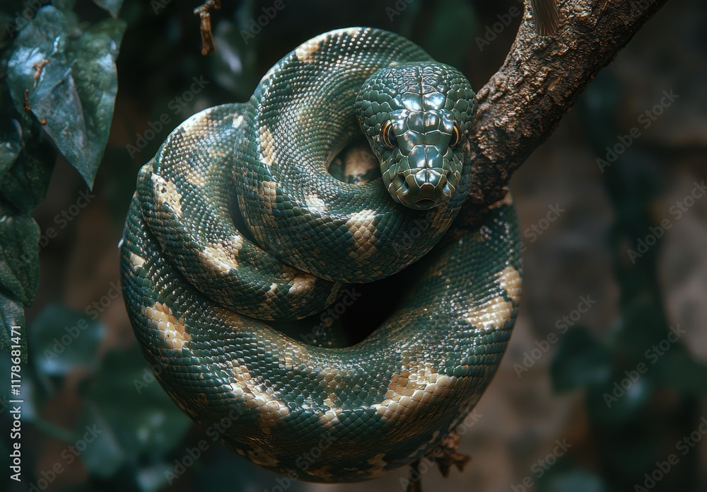 Poster close-up of a green tree python coiling on a branch surrounded by lush greenery, capturing the intri