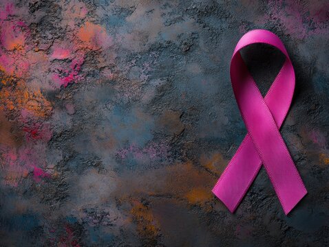 A vibrant pink ribbon rests against a textured, colorful background, symbolizing breast cancer awareness and support for those affected by the disease.