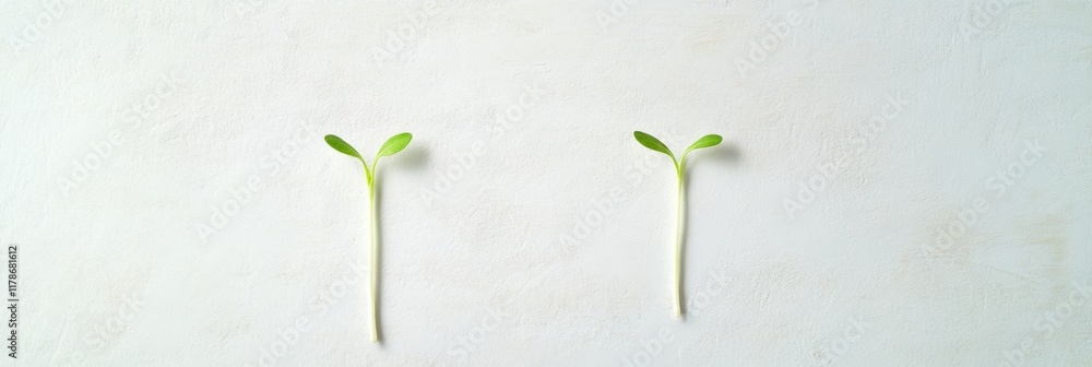 Poster minimalist composition of two green sprouts on white background in soft light