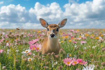 Adorable Fawn in a Vibrant Wildflower Meadow