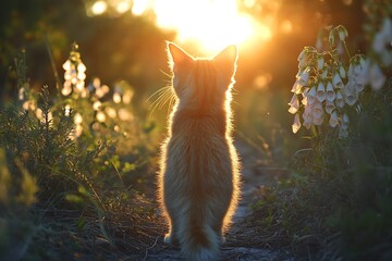 Golden Kitten Silhouetted At Sunset In Flowers