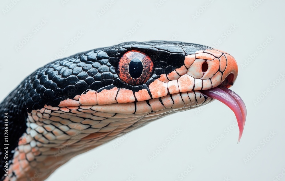 Poster close-up of a multicolored snake with distinctive scales and red eyes, showcasing its pink tongue an