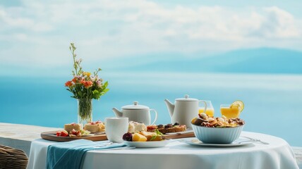 Panoramic view of an elegant breakfast table set with luxurious dishes and fresh ingredients, perfect for a gourmet meal.
