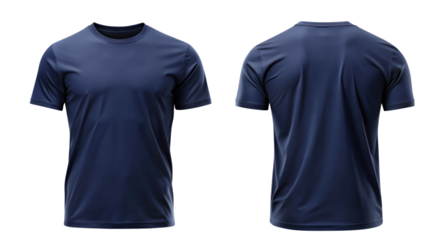 navy blue t shirt round neck template from two sides isolated on transparent white background, clipping path