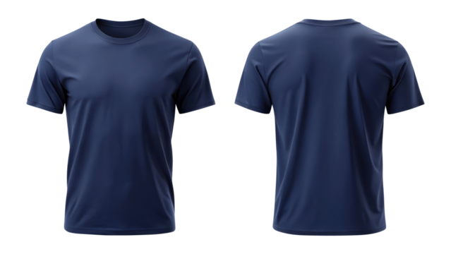 navy blue t shirt round neck template from two sides isolated on transparent white background, clipping path