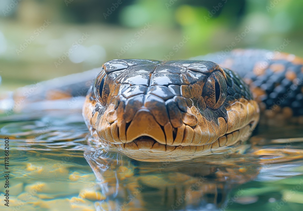 Poster close-up of a serene snake gliding through calm water, highlighting its intricate patterns and refle