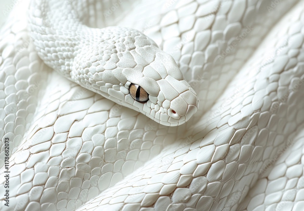 Poster close-up of a serene white snake with intricate scale patterns and a piercing eye, showcasing the be