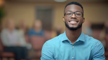 Naklejka premium Confident and Positive African American Business Professional Smiling in a Modern Office Setting Showing Optimism and Potential for Success