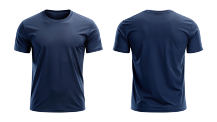 navy blue t shirt round neck template from two sides isolated on transparent white background, clipping path