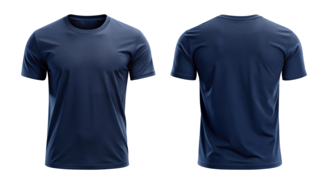 navy blue t shirt round neck template from two sides isolated on transparent white background, clipping path