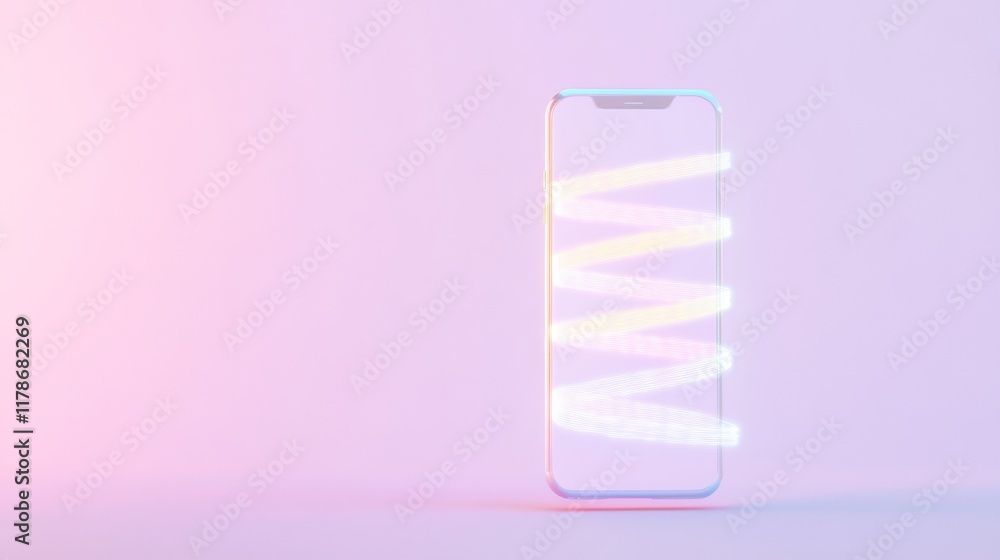 Poster futuristic smartphone display with neon glow against pastel gradient background