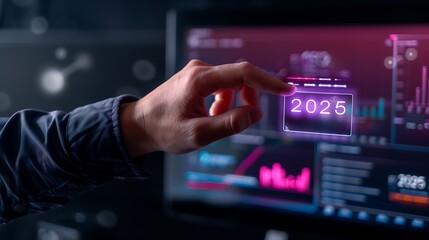 Holographic business growth goals with real-time updates on sales progress, customer acquisition, and profit margins. year 2025 business growth goals 