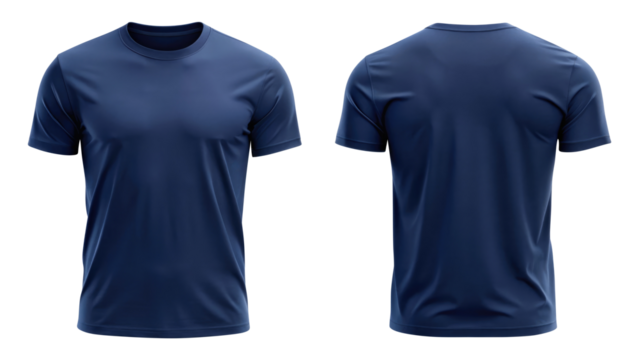 navy blue t shirt round neck template from two sides isolated on transparent white background, clipping path