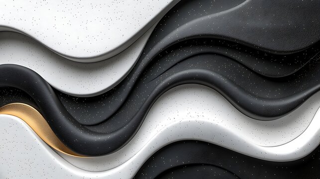 Abstract wavy shapes black white gold background.