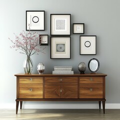 Vintage styles shine in this classic antique buffet console and framed decor.