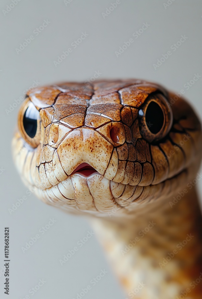 Poster close-up of a striking snake head with intricate scales and prominent eyes featuring unique patterns