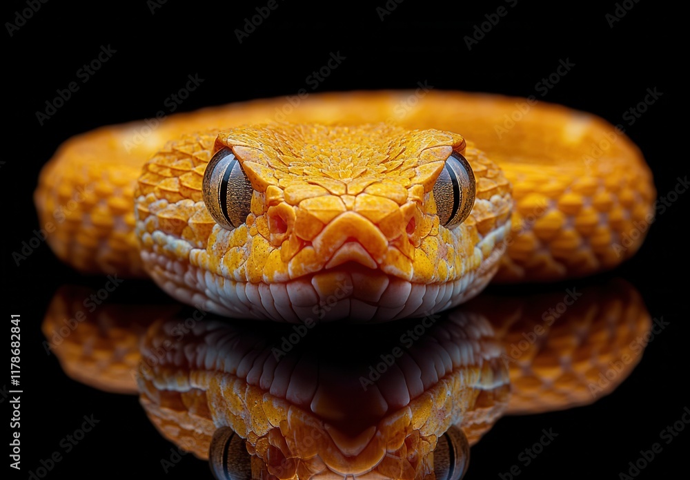 Poster close-up of a striking orange snake with sharp features and glossy scales against a black background