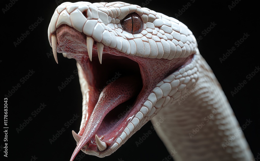 Poster close-up of a striking white snake with open mouth and sharp fangs, displaying intricate scales and 