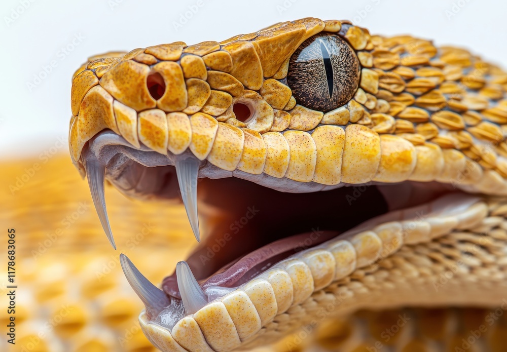 Poster close-up of a striking yellow snake with open mouth displaying sharp fangs and intriguing textured s