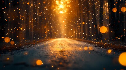 Blurred light clusters softly illuminating a snow-covered forest road surrounded by frost-laden branches offering a serene seasonal setting