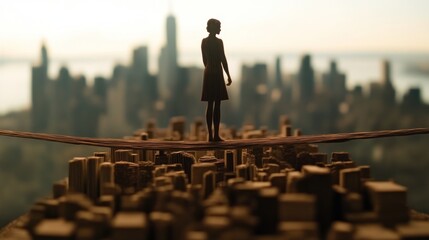 Balancing ambition woman on tightrope over cityscape urban setting artistic perspective conceptual visualization