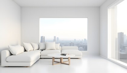 Fototapeta premium Modern White Sectional Sofa in Minimalist Living Room with City View