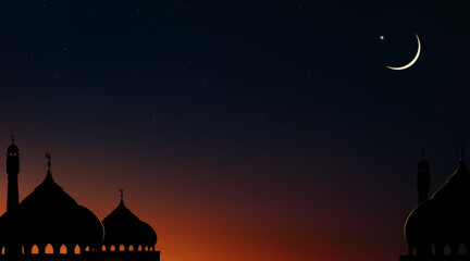 Night Sky with Star,Islamic card with Mosques dome,Crescent moon on Sunset sky, Ramadan Night with twilight dusk sky for Islamic religion,Eid al-Adha,Eid Mubarak,Eid al fitr,Ramadan Kareem,Muharram