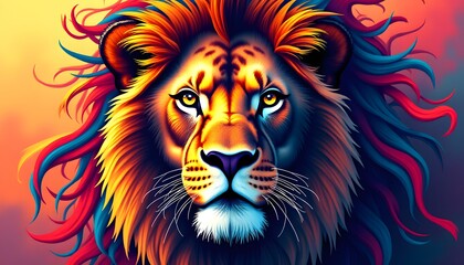 Fototapeta premium Majestic Lion Portrait Vibrant Colorful Mane Intense Gaze Digital Art