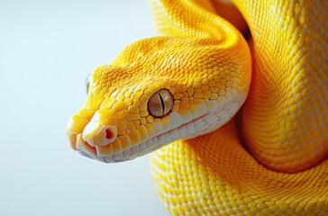 Fototapeta premium Close-up of a stunning yellow snake showcasing intricate scales and vibrant colors, perfect for nature lovers and wildlife enthusiasts seeking natural beauty in reptiles.