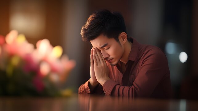 A religious man is seen sitting alone in a dimly lit church with his hands clasped in prayer and a solemn contemplative expression on his face  The atmosphere is one of spirituality