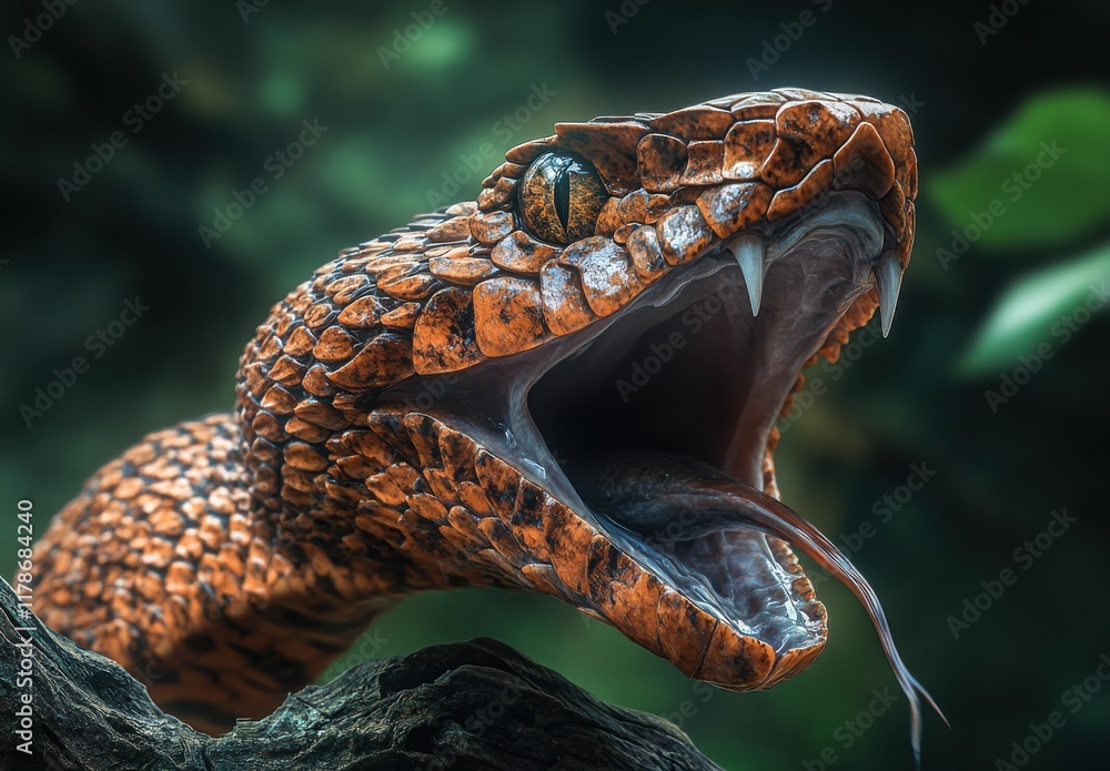 Poster close-up of a venomous snake with open mouth displaying fangs and flicking tongue in a lush natural 
